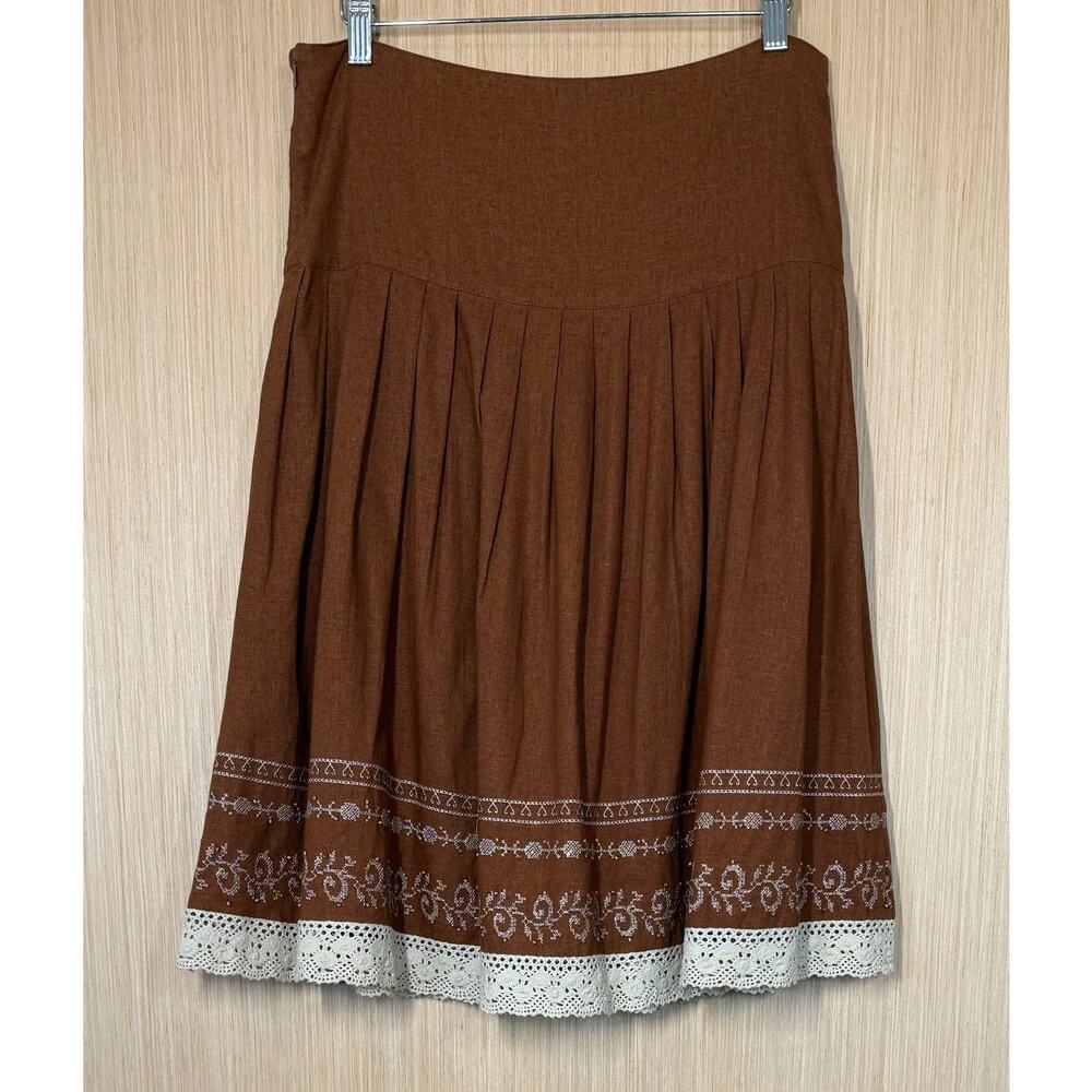 Ninety Linen Blend Pleated Lace Hem Skirt Womens Small Embroidered Bead Cottage - Picture 4 of 10